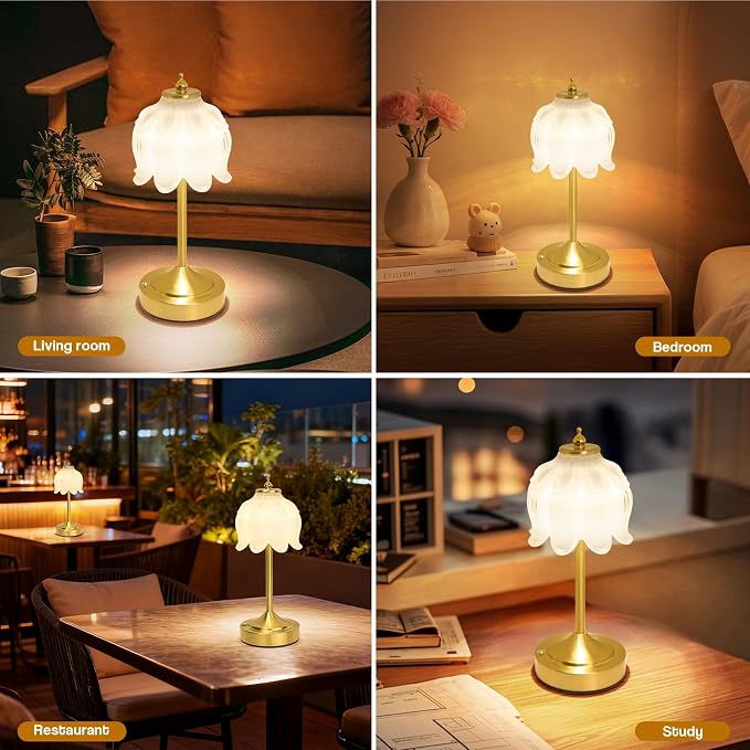 Cordless Lotus Flower Table Lamp, 5200mAh Rechargeable Battery Operated Portable Lamp, 3-Color Dimmable Touch Control Small Desk Lamp for Bedroom, Office, Kitchen, Nightstand,Room Decor(White)