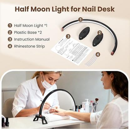 Yokilly Arc Half Moon Light: 16" Half Moon Light with Foldable Bracket for Desk Salon Table Use - No Flicker & Shadow-Free Desk Lamp with Stepless Brightness 3000-6500K for Manicurist Nail Tech