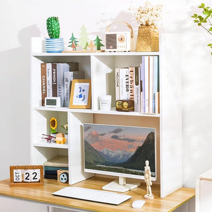 deli Desktop Shelf, Desk Hutch with 5 Shelves for Computer Desk, Desktop 3-Tier Display Rack, Multipurpose Wood Desktop Bookshelf Storage Organizer for Dorm Office Home, White