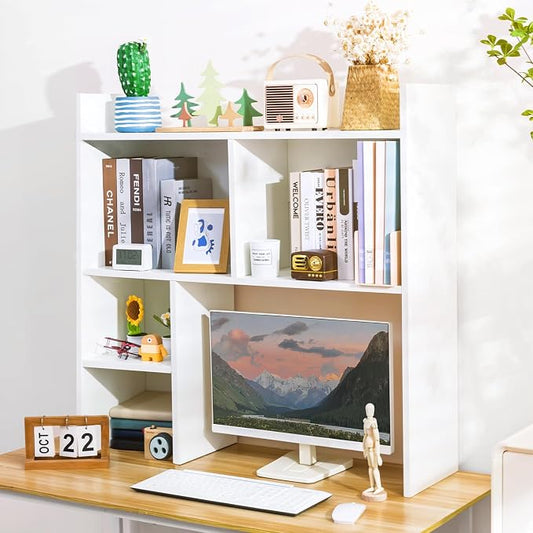 deli Desktop Shelf, Desk Hutch with 5 Shelves for Computer Desk, Desktop 3-Tier Display Rack, Multipurpose Wood Desktop Bookshelf Storage Organizer for Dorm Office Home, White