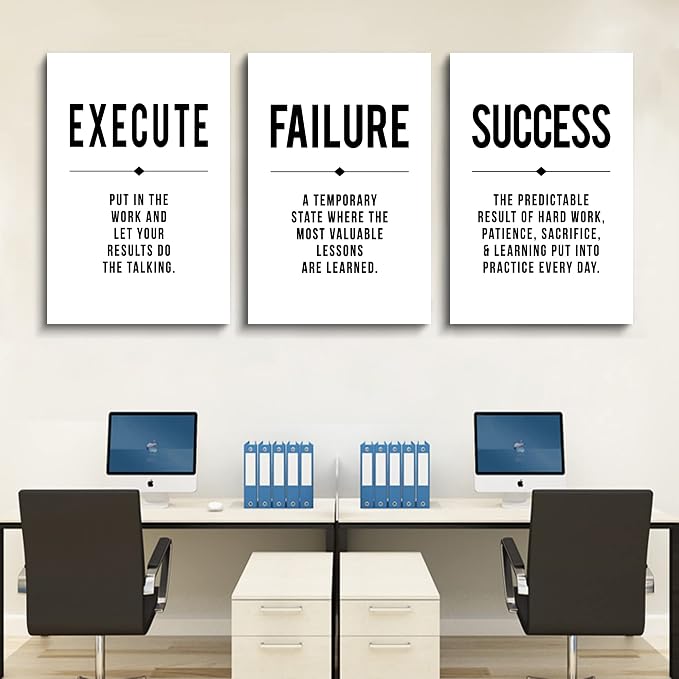 Framed Canvas Wall Art Success Quote, Office Wall Art, Black Large Poster, Positive Motivational Set of 3 Prints, Execute Failure Definition, Inspirational Print (D-3pcs,20x30inchx3pcs)