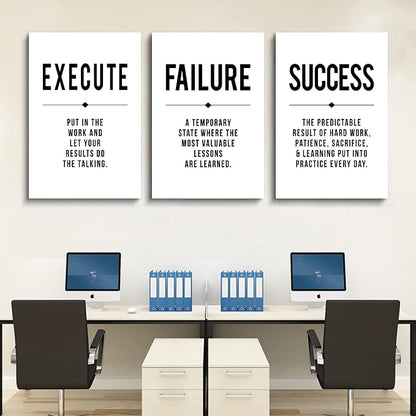 Framed Canvas Wall Art Success Quote, Office Wall Art, Black Large Poster, Positive Motivational Set of 3 Prints, Execute Failure Definition, Inspirational Print (D-3pcs,20x30inchx3pcs)