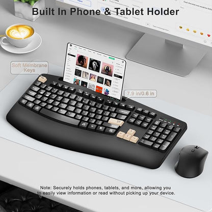 Wireless Keyboard and Mouse Combo, 2.4G Full Size Wave Keys Ergonomic Keyboard with Wrist Rest, Phone Holder, 3-Level DPI Wireless Silent Mouse with 6-Buttons, for Windows (Latte Black)