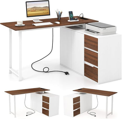 GOFLAME 54.5” L Shaped Computer Desk with Power Outlet, Reversible Corner Desk with File Cabinet and 3 Drawers, PC Desk Study Writing Table Workstation for Home Office, Small Space, Brown & White