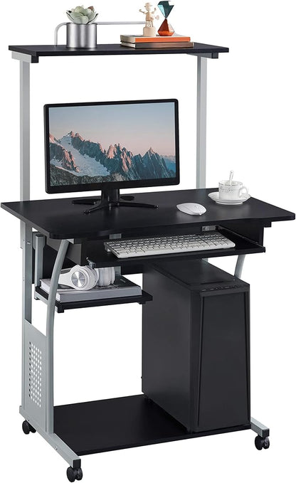Topeakmart 3 Tier Computer Desk with Printer Shelf and Keyboard Tray, Home Office Desk Computer Workstation Rolling Study PC Laptop Table for Small Spaces Black