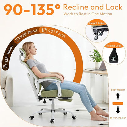 Home Office Desk Chair, Comfortable Mesh Computer Chair with Foot Rest, Reclining Gaming Chair with Headrest and Lumbar Support, 90°-130° Reclining, Green