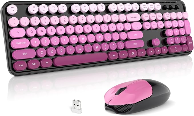 Wireless Keyboard and Mouse Combo, 2.4GHz Gradient Colorful Full-Size Retro Typewriter Keyboard with Wireless Mouse for PC/Desktop/Laptop/Windows (Black Pink)