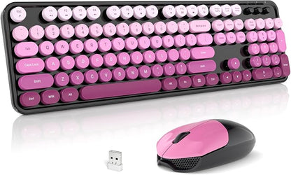 Wireless Keyboard and Mouse Combo, 2.4GHz Gradient Colorful Full-Size Retro Typewriter Keyboard with Wireless Mouse for PC/Desktop/Laptop/Windows (Black Pink)