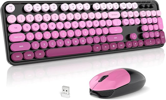 Wireless Keyboard and Mouse Combo, 2.4GHz Gradient Colorful Full-Size Retro Typewriter Keyboard with Wireless Mouse for PC/Desktop/Laptop/Windows (Black Pink)
