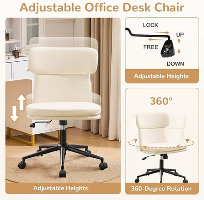 Furniliving Armless Office Chair, Upholstered Chenille Desk Chair with Wheels, Adjustable Swivel Computer Vanity Chair with Double-Layer Cushion, Beige