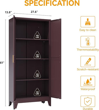 COFaR Metal Pantry Cabinet, Kitchen Storage Cabinets with 2 Barn Door, 3 Adjustable Shelves and Legs, for Cupboard/Dining Room/Bathroom/Living Room/Office/Laundry Room (Red, 61" Farmhouse)