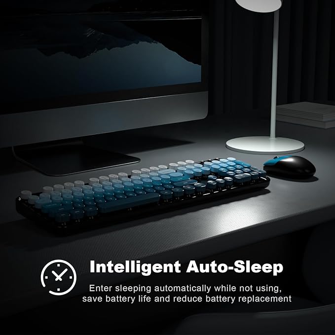 Wireless Keyboard and Mouse Combo, 2.4GHz Retro Full-Size Typewriter Keyboard with Number Pad and Wireless Mouse for PC/Laptop/Desktop/Windows (Black Blue)