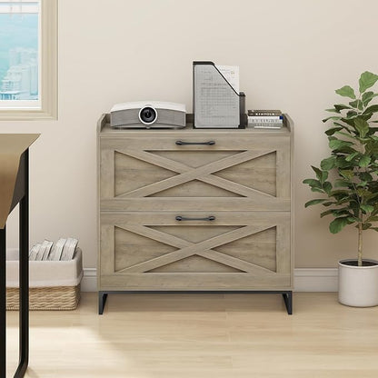 Halitaa File Cabinet 2 Drawers, Lateral File Cabinet with Charging Station for Letter/Legal/A4 Size Hanging Files, Large Wood File Storage Cabinets Printer Stand for Home Office, Washed Gray