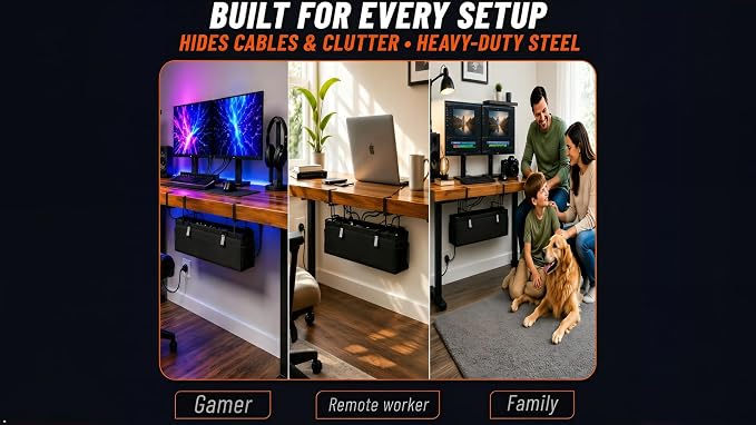 Large Under Desk Cable Management Tray, 28", Black Standing Under Cable | No Drill, Fabric Cord Organizer with Reinforced Base, Clamp Mount Wire Management, For Office/Home & Standing Desk