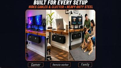 Large Under Desk Cable Management Tray, 28", Black Standing Under Cable | No Drill, Fabric Cord Organizer with Reinforced Base, Clamp Mount Wire Management, For Office/Home & Standing Desk