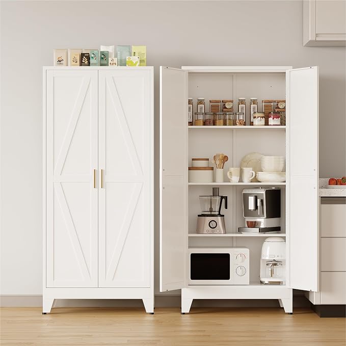 COFaR Metal Pantry Cabinet with Doors, Farmhouse 61'' Tall Storage Cabinet with 3 Adjustable Shelves, Kitchen Pantry Cabinet for Dinning Room, Laundry, Bathroom, Garage, White 4-Tier