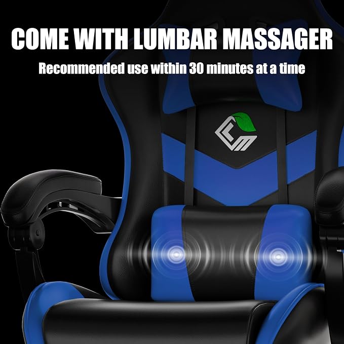 Czlolo Gaming Chair, Ergonomic Office Computer Chair with Footrest and Lumbar Support Massager Racing Style High Back Video Gamer Chair, Wide＆Thick Cushion, 90°-135° Recline, Adjustable Height, Blue