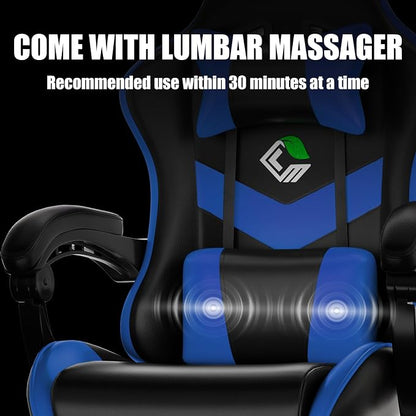 Czlolo Gaming Chair, Ergonomic Office Computer Chair with Footrest and Lumbar Support Massager Racing Style High Back Video Gamer Chair, Wide＆Thick Cushion, 90°-135° Recline, Adjustable Height, Blue
