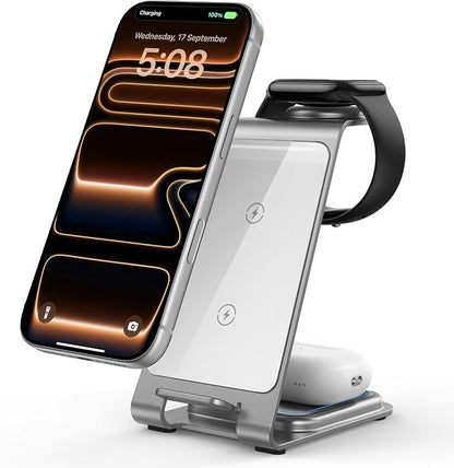 Intoval Aluminum 3 in 1 Wireless Charging Station for iPhone 17 16 15 14 13 12 11 Pro Max XR, Wireless Charger for Apple Watch 11 10 9 8 7 Ultra SE 3 2, Phone Charger for AirPods 4 Pro 2 3 (Silver)
