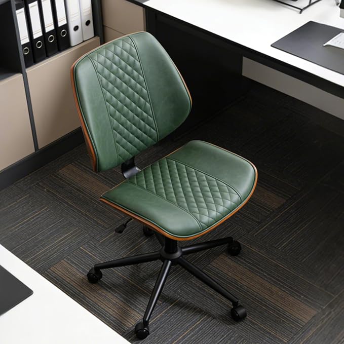DYHOME Modern Walnut Home Office Chair with Wheels, Executive Office Desk Chair No Arms, Adjustable Height Small Desk Chair, Comfy PU, Deeper Cushion, Mid Back 360 Swivel Computer Chair, Green