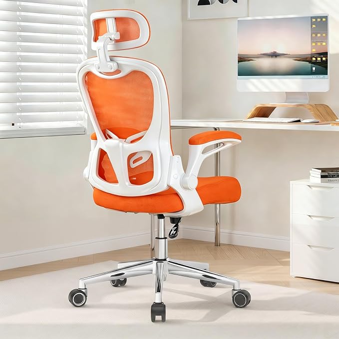 Office Chair, Ergonomic Breathable Mesh Chair,Flip-Up Arms and Adjustable High Back Lumbar Support,Comfy Computer Chair for Home Office (Orange, 407)