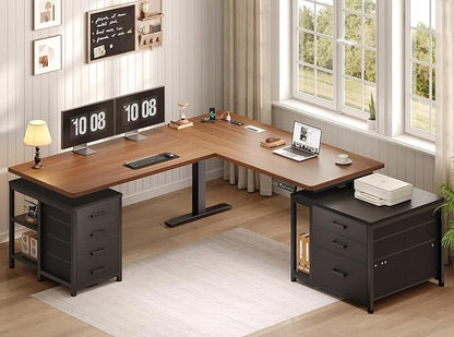 SEDETA L Shaped Electric Standing Desk with 7 Drawers, 63"×55.1" Height Adjustable Stand Up Desk with Power Outlets, 28.3"-47.2" Sit Stand Desk with Storage Shelves, 3 Memory Presets, Black + Brown