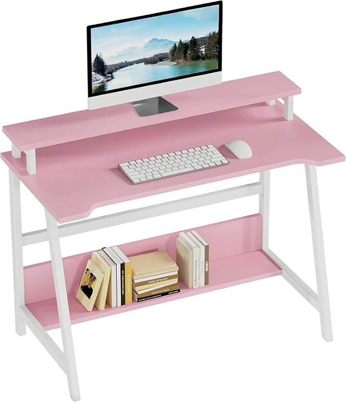 ALISENED 31.5 Inch Small Office Desk with Storage, Small Desk for Small Spaces, Compact Home Office Desk, Mini Study Desk for Bedroom, Pink