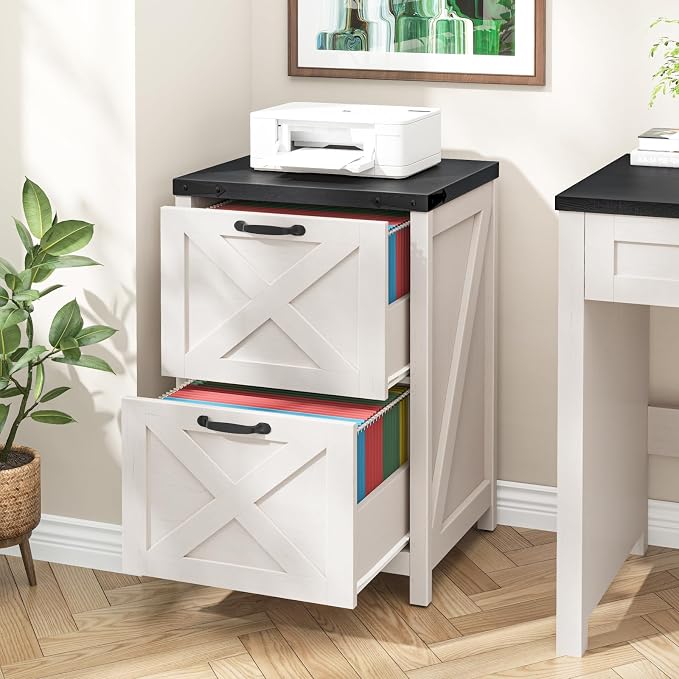 Halitaa 2 Drawer Small File Cabinet, Farmhouse Vertical Filing Cabinet Fits Letter and A4 Size, Under Desk Wooden File Cabinets for Home Office, Printer Stand, White and Black