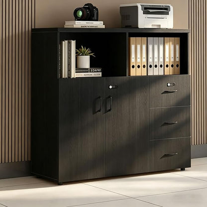 File Cabinet with Password Lock, Wood Lateral Filing Cabinet for Letter/A4 Files, 3 Drawer with Door, Printer Stand with Open Shelves for Home Office