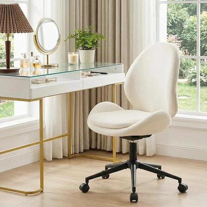 Furniliving Chenille Armless Desk Chair with Wheels, Upholstered Home Office Chair with Double-Layer Cushion, Adjustable Swivel Computer Vanity Chair with Rocking Back, White