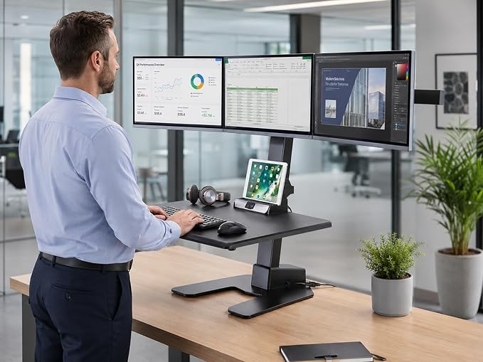 Mount-It! Triple Monitor Electric Standing Desk Converter - 3 Screens Stand Up Desk Riser - Height Adjustable Desktop & 3 Mounts for Screens up to 32", Sit-Stand Convertor for Home, Office, School