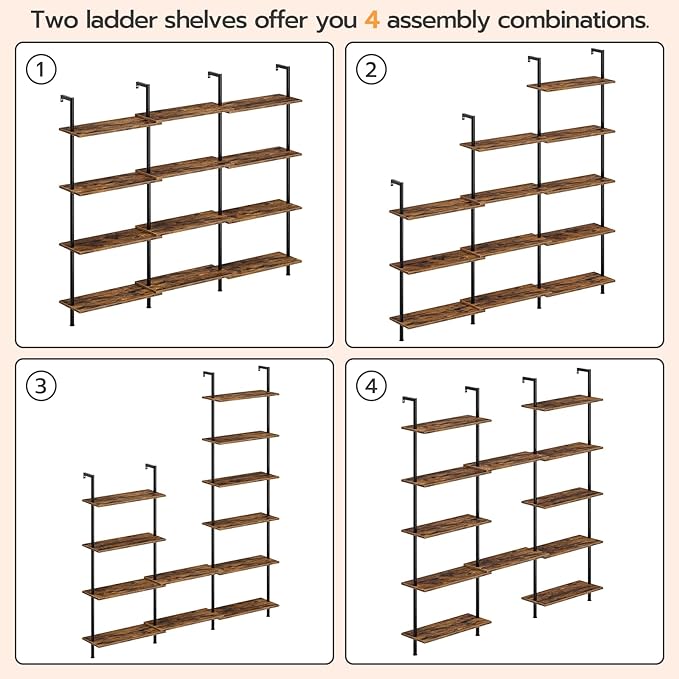 HOOBRO DIY Ladder Shelf, 6-Tier Wall Mounted Bookshelf, Office Vertical Bookcase, Wooden Storage Shelves for Home Office, Bedroom, Rustic Brown and Black BF65CJ01