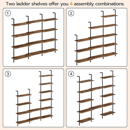 HOOBRO DIY Ladder Shelf, 6-Tier Wall Mounted Bookshelf, Office Vertical Bookcase, Wooden Storage Shelves for Home Office, Bedroom, Rustic Brown and Black BF65CJ01