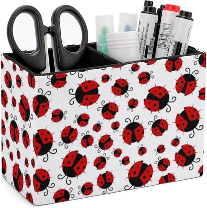 Pen Holder, Pencil Holder for Desk Organizer, Summer Red Ladybugs PU Leather Pencil Cups Desktop Stationery Storage Makeup Brush Holder Pen Organizer for Office Home