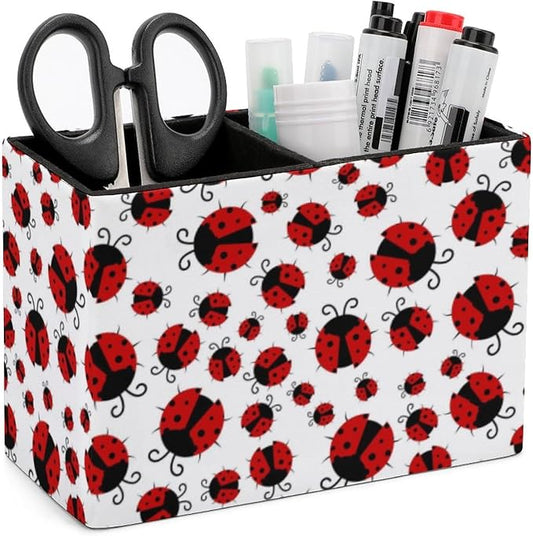 Pen Holder, Pencil Holder for Desk Organizer, Summer Red Ladybugs PU Leather Pencil Cups Desktop Stationery Storage Makeup Brush Holder Pen Organizer for Office Home