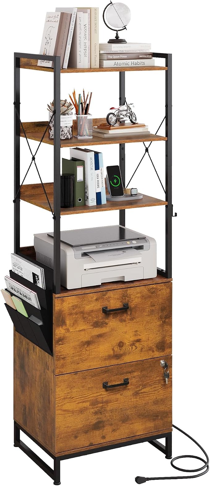 DEVAISE 2 Drawer File Cabinet with Charging Station and 4-Tier Bookshelf, Tall Filing Cabinet for Office Storage, Printer Stand fits Filing Cabinets for Home Office, Rustic Brown