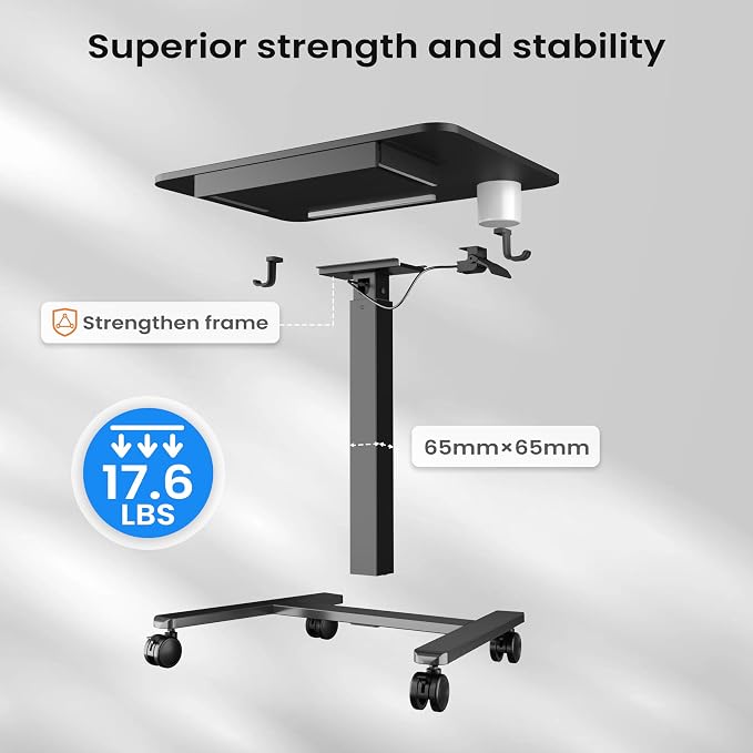 Monomi Mobile Standing Desk with Drawer, 28" Rolling Desk with Cup Holder and Hooks, Portable Laptop Cart on Wheels, Height Adjustable Workstation with Storage for Home Office, Black