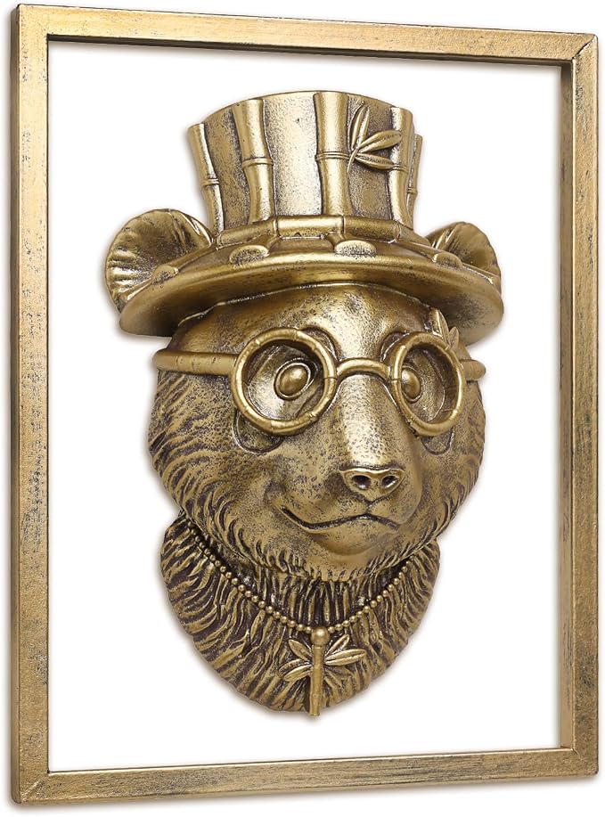 Newinhome Animal Heads Wall Decor (Includes Metal Frame) Resin Animals Sculptures Head Wall Hanging Decoration Gold vintage Wall Sculpture for Living Room Bedroom Office(Panda)