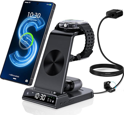Wireless Charger for Samsung Charging Station with Clock for Samsung Galaxy S25 Ultra/S24 Ultra/Z Flip 7/Fold 6/Bud, 3 in 1 Android Charging Station, Watch Charger for Samsung Galaxy Watch 8/7/6/5Pro