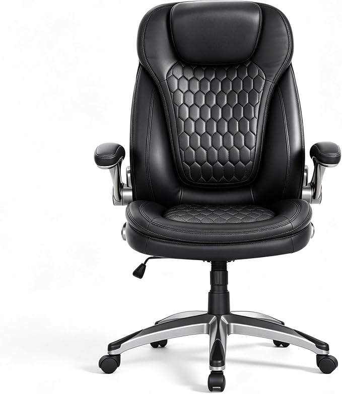 Ergonomic Executive Office Chair, High Back Leather Desk Chair with Flip-up Arms and Adjustable Height, Swivel Rolling Computer Chair with Heavy Duty Metal Base,300lbs,Black for Home Office or Study