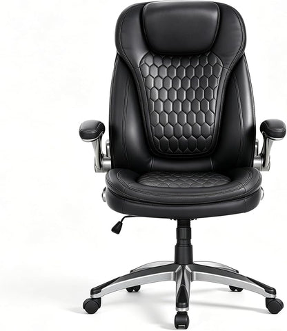 Ergonomic Executive Office Chair, High Back Leather Desk Chair with Flip-up Arms and Adjustable Height, Swivel Rolling Computer Chair with Heavy Duty Metal Base,300lbs,Black for Home Office or Study
