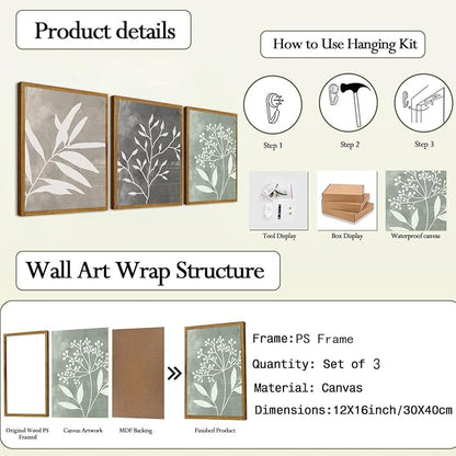 Framed Vintage Botanical Wall Art Set of 3 Prints,Boho Framed Canvas Wall Art,Minimalist Floral Art Boho Wall Decor Living Room,Sage Green Grey Beige Netural Plant Wall Paintings for Bedroom Bathroom Decor,12"x16"