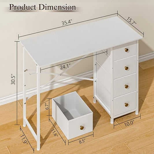 Small White Desk with Drawers for Bedroom, 35.4 Inch Kids Girls Teens Student Writing Desk with Storage, Reversible Study Table, White Computer Desk for Home Office, Makeup Vanity Desk for Small Space