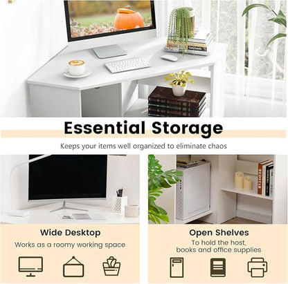 GOFLAME Corner Desk with Storage Shelves, Triangular Computer Desk with Cable Management Holes, Laptop Workstation for Small Space, Makeup Vanity Desk for Living Room, Study, White
