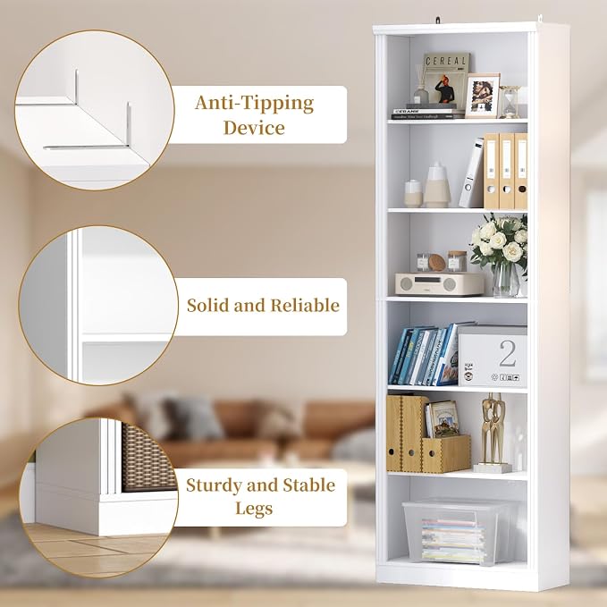 Thacuok White Bookshelf, 75" Tall Bookcase, 6 Tier Adjustable Storage Shelves, Book Shelf with Anti-Tipping Device, Floor Standing Modern Display Rack for Living Room, Bedroom, Office