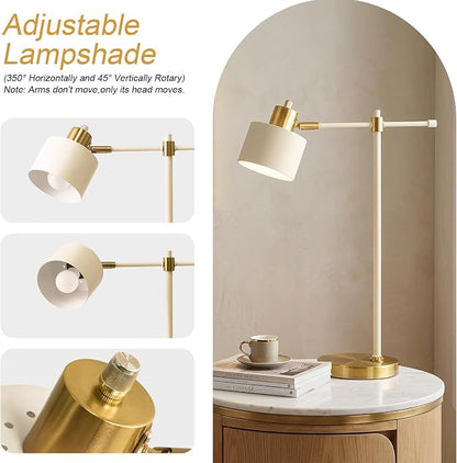 OYEARS 22.2" Modern Desk Lamp, Metal Table Lamp with LED Bulb, Adjustable Reading Lamps for Living Room, Mid Century Task Lamp for Home Office, Industrial Bedside Lamps, Cream and Gold