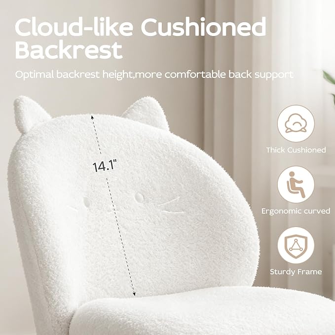 Vanity Chair with Cat Back,Armless Desk Chair Cute Small Office Chair,Teddy Fabric Computer Chair with Adjustable Height,120°Tilting,Rolling,Swivel for Vanity,Kids Room,Office,Bedroom White