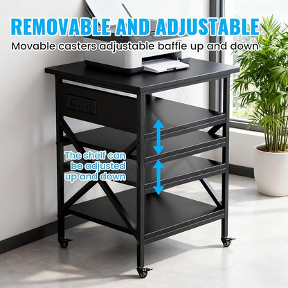 Black 3 Tier Mobile Printer Stand Large Rolling Storage Cart | Built in power outlet ample storage space locking casters overall size 23.6 x 23.6 x 30 inches for home office organization