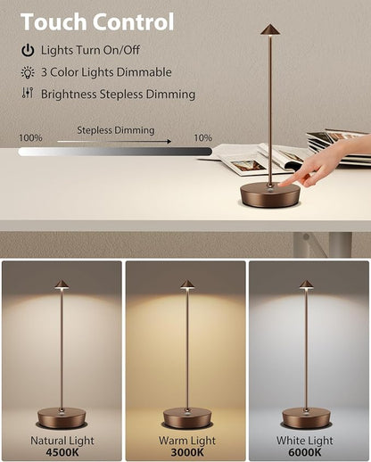 Cordless Table Lamps Rechargeable, 6000mAh Battery Operated LED Desk Lamp Outdoor Waterproof Portable Touch Dimmable Table Night Light for Patio Restaurant Dining Home Set of 2 Moka