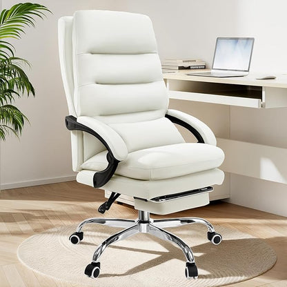 Holiwei Office Chair with Footrest, Big and Tall 400lbs Executive Desk Chair with Thickened Lumbar Support Pillow, High Back PU Leather Reclining Computer Chair, Ergonomic Swivel Task Chair, White
